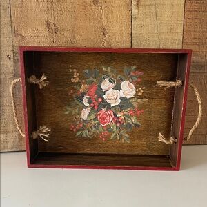 Rustic Upcycled Decorative Red Floral Wooden Tray